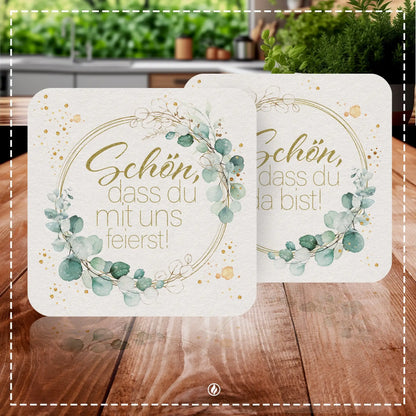 50x Bierdeckel ’Schön dass du da bist’ in Grün Floral mit Efeu