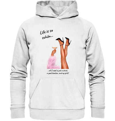 Weißer hoodie mit grafik von beinen in high heels und cocktailglas plus text life is so schön aus der statement-collection