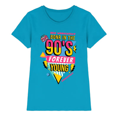 Leuchtendes türkisfarbenes damenshirt aus der statement-collection mit retro 90er grafik born in 90s forever young