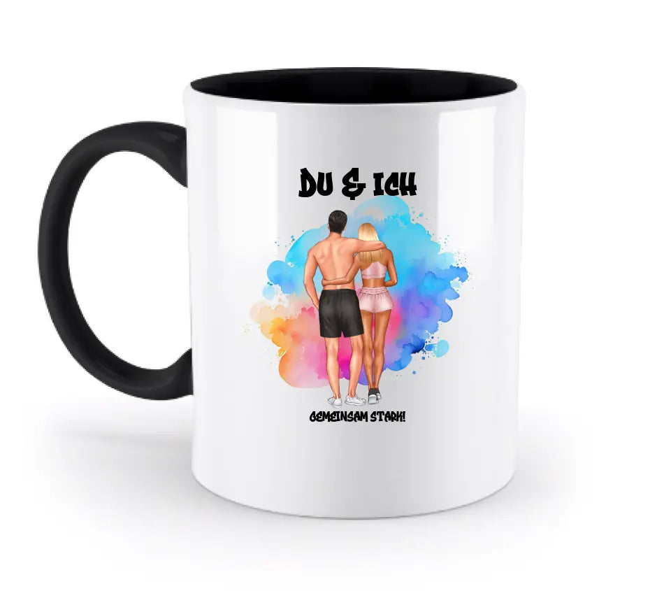 Paar Designer Fitness Couple, personalisierbar: Zweifarbige Tasse 330ml mit farbigem Innendruck - HalloGeschenk.de