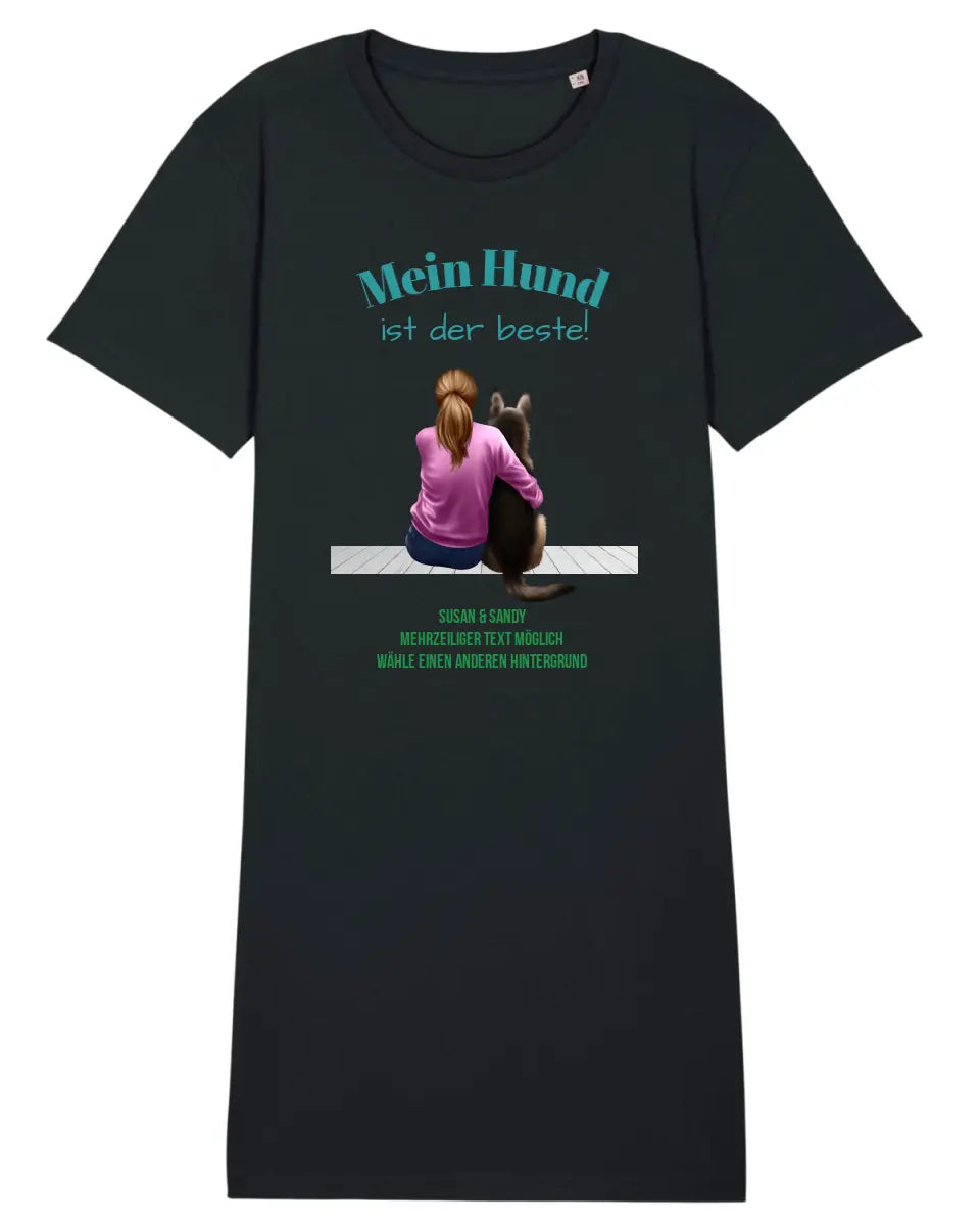 Frau mit Retriever oder Schäferhund, personalisierbar: T-Shirt Kleid aus Bio Baumwolle in 4 Farben XS-XXL / Organic Shirt Dress