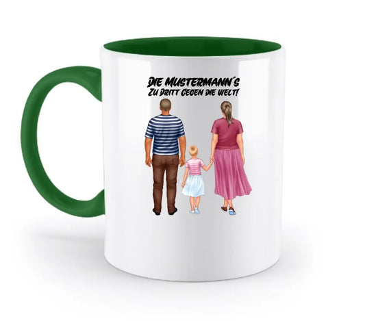 Eltern und 1 kleines Kind Designer Huge-Family-Look, personalisierbar: Zweifarbige Tasse 330ml mit farbigem Innendruck