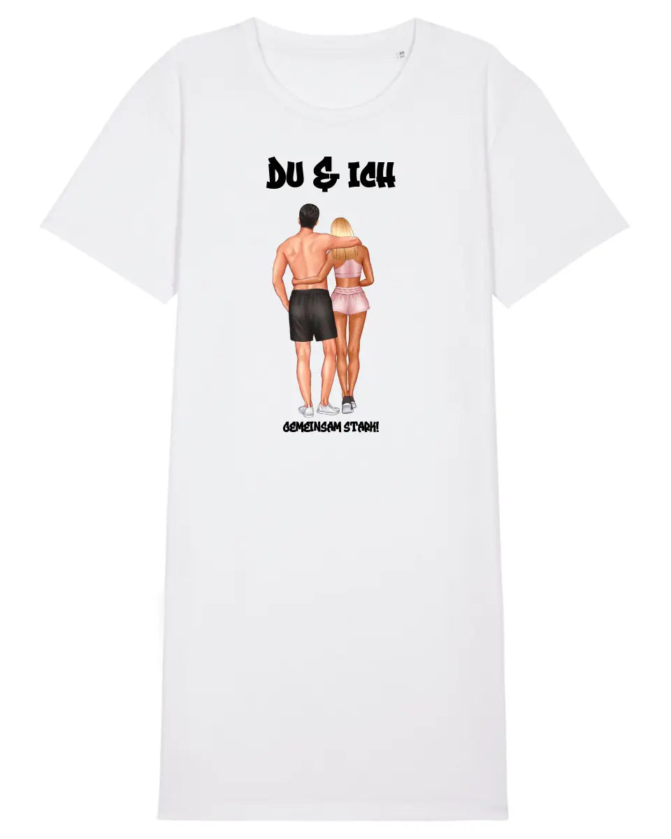 Paar Designer Fitness Couple, personalisierbar: T-Shirt Kleid aus Bio Baumwolle in 4 Farben XS-XXL / Organic Shirt Dress
