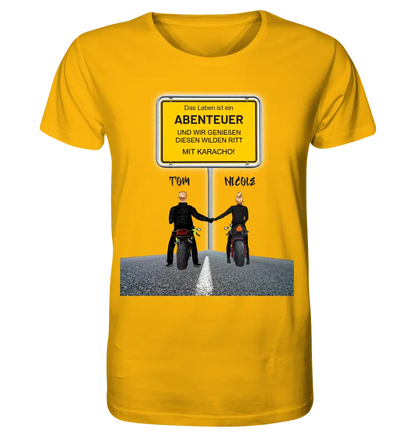 Ortsschild-Designer mit Motorrad-Couple • Unisex Premium T-Shirt XS-5XL aus Bio-Baumwolle für Damen & Herren - HalloGeschenk.de