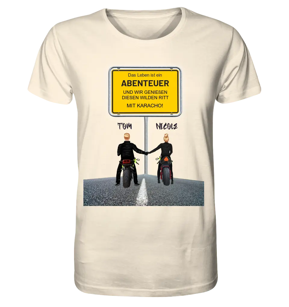 Ortsschild-Designer mit Motorrad-Couple • Unisex Premium T-Shirt XS-5XL aus Bio-Baumwolle für Damen & Herren - HalloGeschenk.de