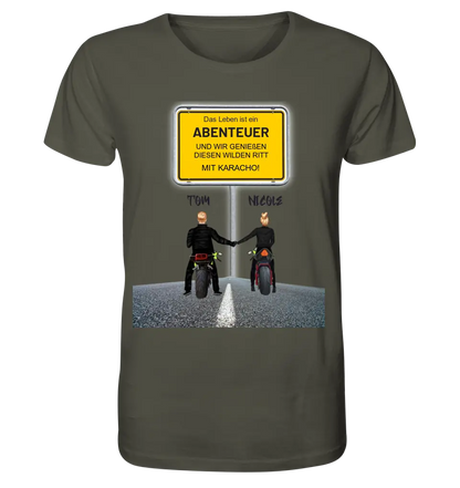 Ortsschild-Designer mit Motorrad-Couple • Unisex Premium T-Shirt XS-5XL aus Bio-Baumwolle für Damen & Herren - HalloGeschenk.de