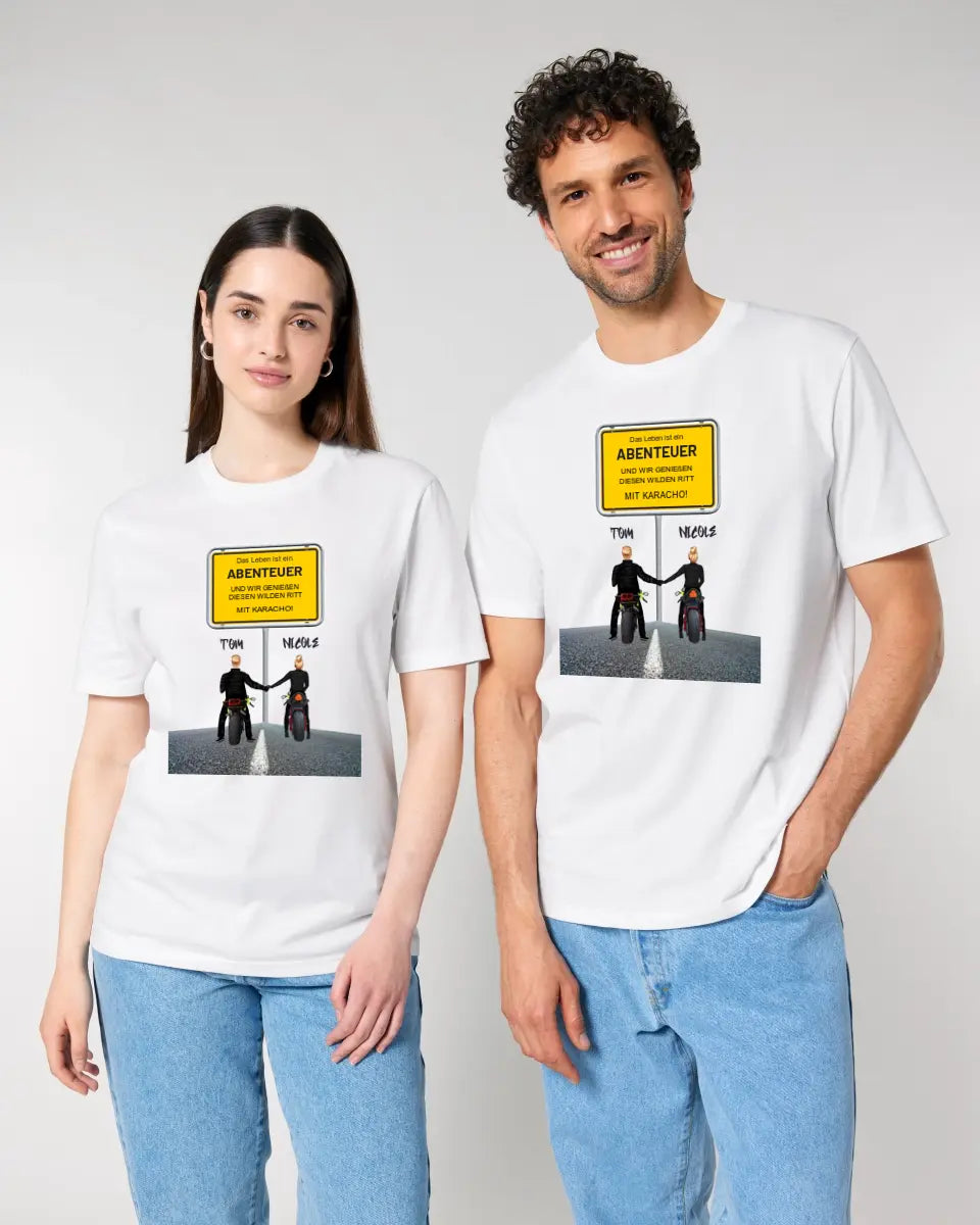 Ortsschild-Designer mit Motorrad-Couple • Unisex Premium T-Shirt XS-5XL aus Bio-Baumwolle für Damen & Herren - HalloGeschenk.de