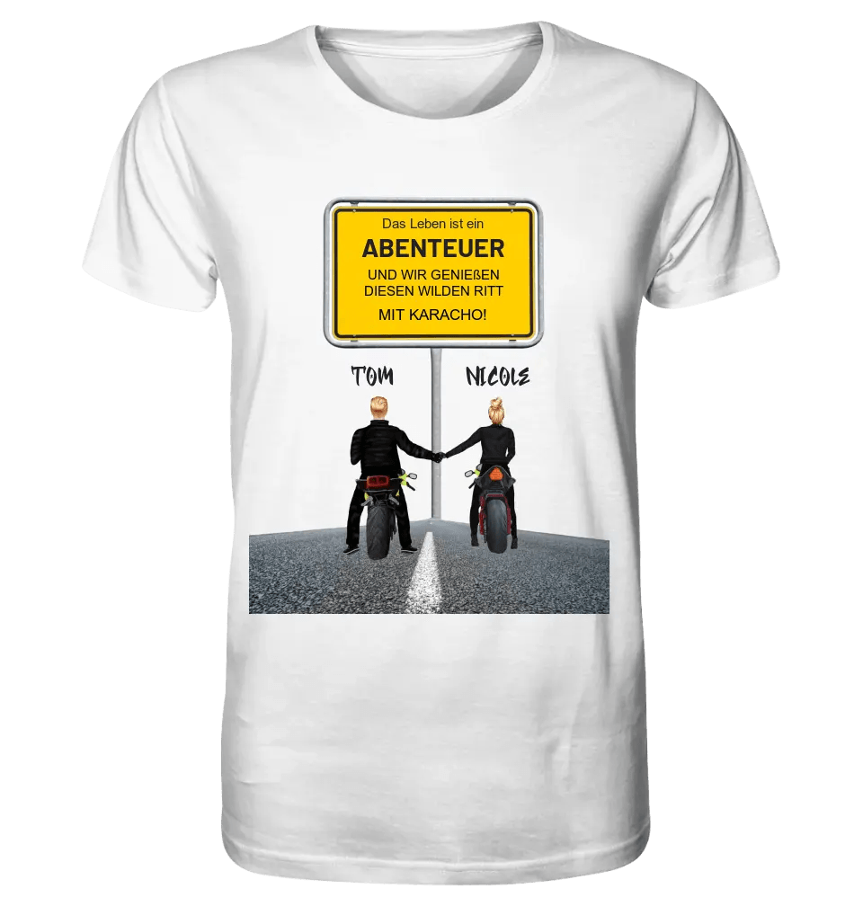 Ortsschild-Designer mit Motorrad-Couple • Unisex Premium T-Shirt XS-5XL aus Bio-Baumwolle für Damen & Herren - HalloGeschenk.de