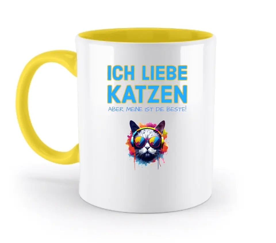 "WÄHLE DIE KATZE" - aus unserer "MIX-IT!"-Kollektion - zweifarbige Tasse 330ml mit farbigem Henkel und farbigem Innendruck (personalisiert) - HalloGeschenk.de