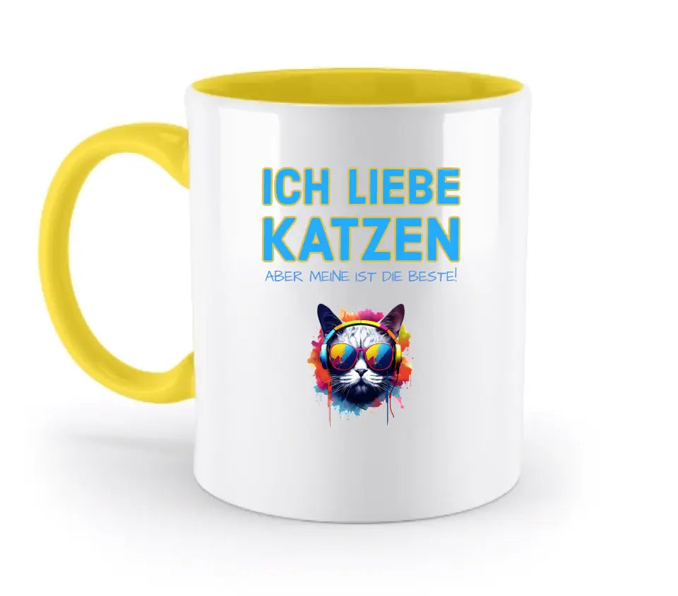 "WÄHLE DIE KATZE" - aus unserer "MIX-IT!"-Kollektion - zweifarbige Tasse 330ml mit farbigem Henkel und farbigem Innendruck (personalisiert) - HalloGeschenk.de