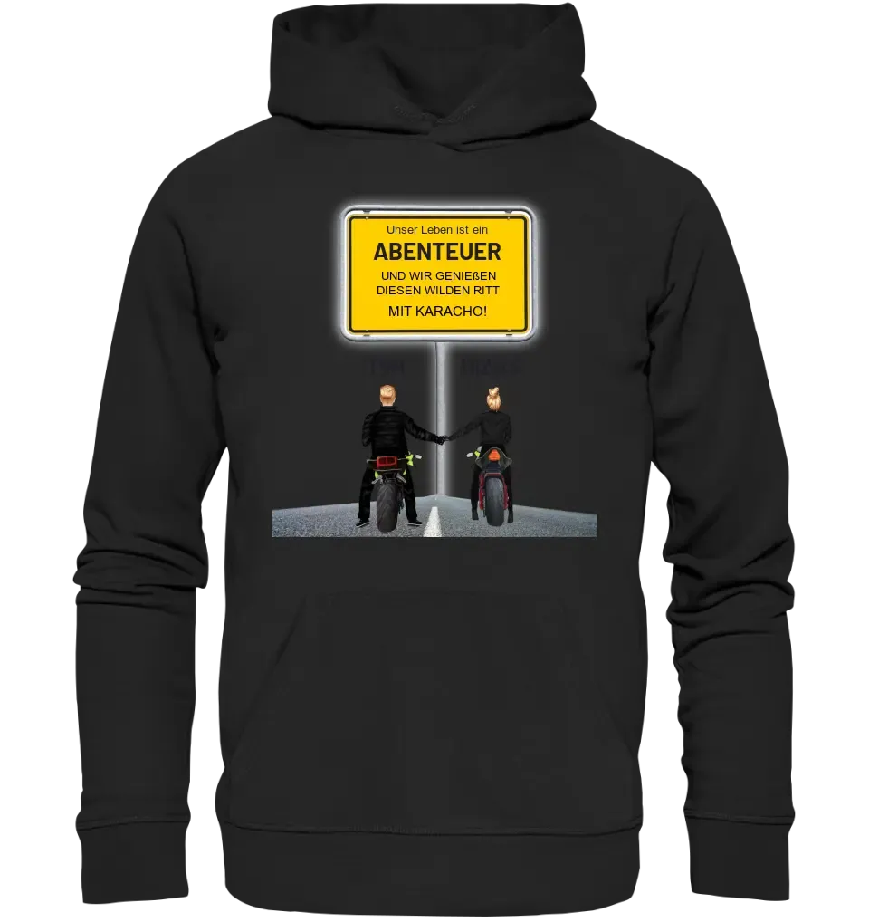 Ortsschild-Designer mit Motorrad-Couple • Unisex Premium Hoodie XS-5XL aus Bio-Baumwolle für Damen & Herren