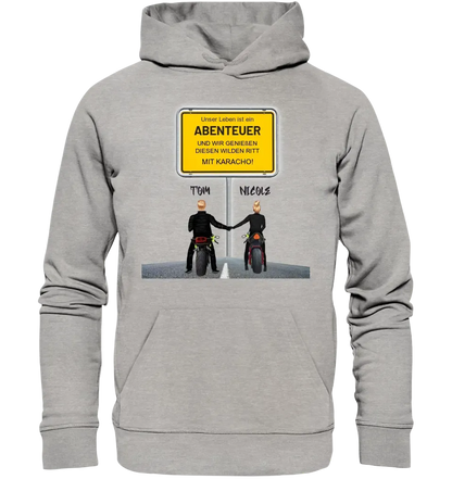 Place sign designer with motorcycle couple • Unisex premium hoodie XS-5XL made of organic cotton for women &amp; men