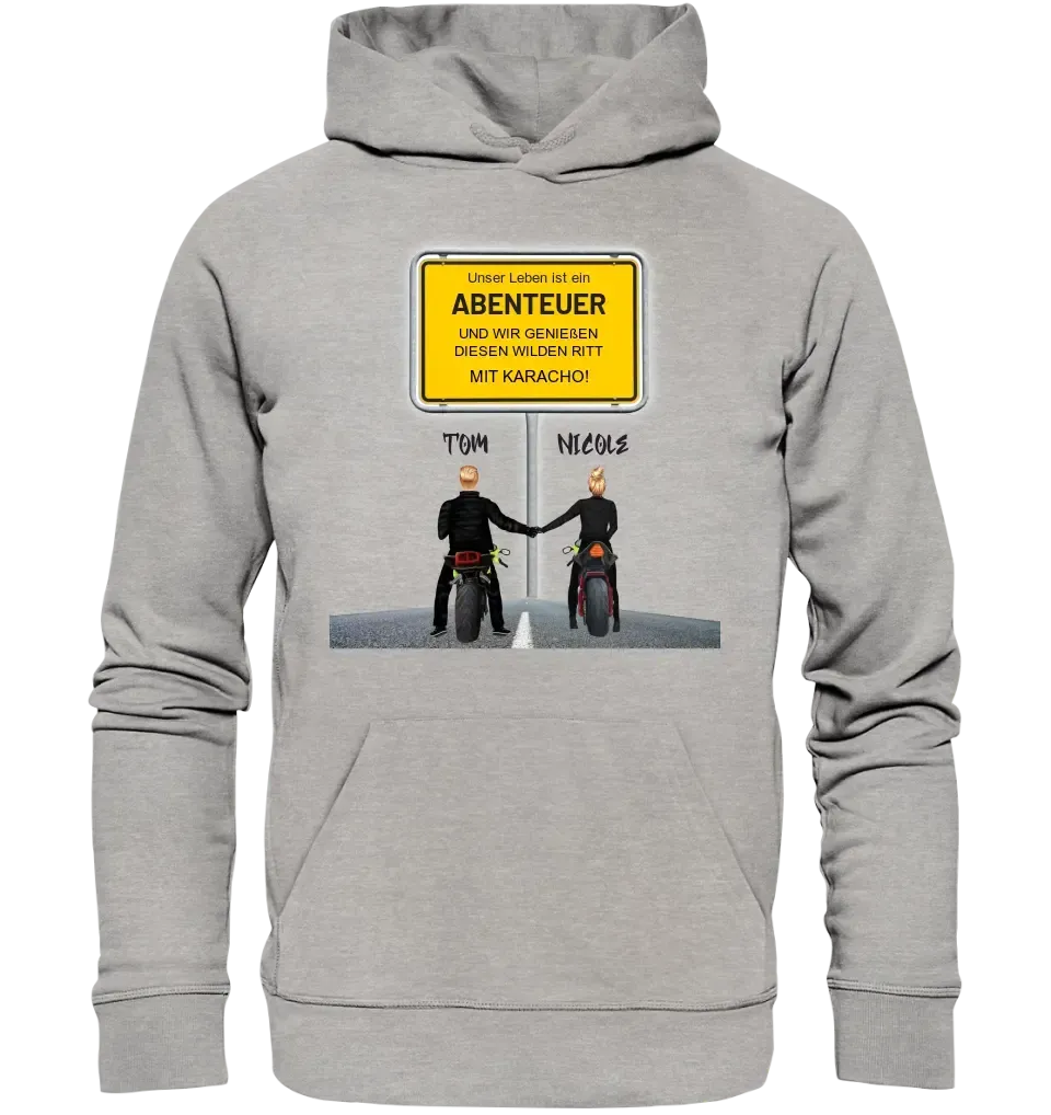 Place sign designer with motorcycle couple • Unisex premium hoodie XS-5XL made of organic cotton for women &amp; men