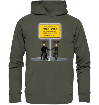 Ortsschild-Designer mit Motorrad-Couple • Unisex Premium Hoodie XS-5XL aus Bio-Baumwolle für Damen & Herren