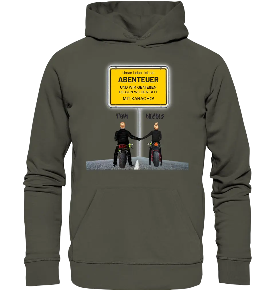 Place sign designer with motorcycle couple • Unisex premium hoodie XS-5XL made of organic cotton for women &amp; men