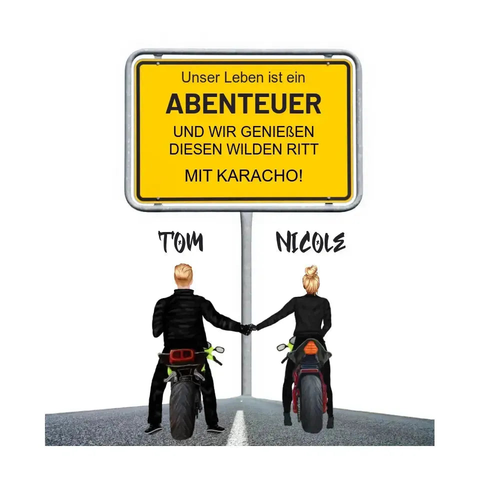 Ortsschild-Designer mit Motorrad-Couple • STICKER 20x20 cm Aufkleber