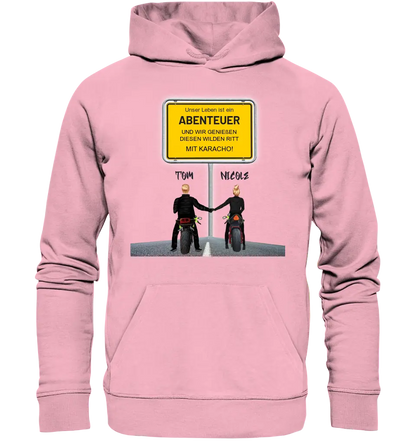 Place sign designer with motorcycle couple • Unisex premium hoodie XS-5XL made of organic cotton for women &amp; men