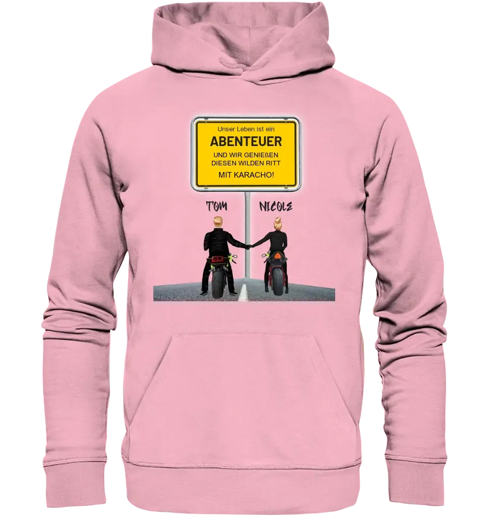 Place sign designer with motorcycle couple • Unisex premium hoodie XS-5XL made of organic cotton for women &amp; men