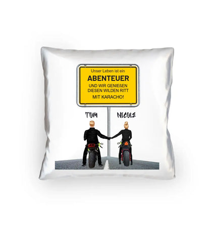 Ortsschild-Designer mit Motorrad-Couple • Kissen 40x40 cm