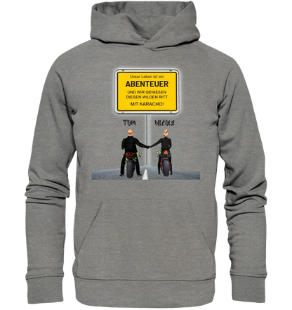 Place sign designer with motorcycle couple • Unisex premium hoodie XS-5XL made of organic cotton for women &amp; men