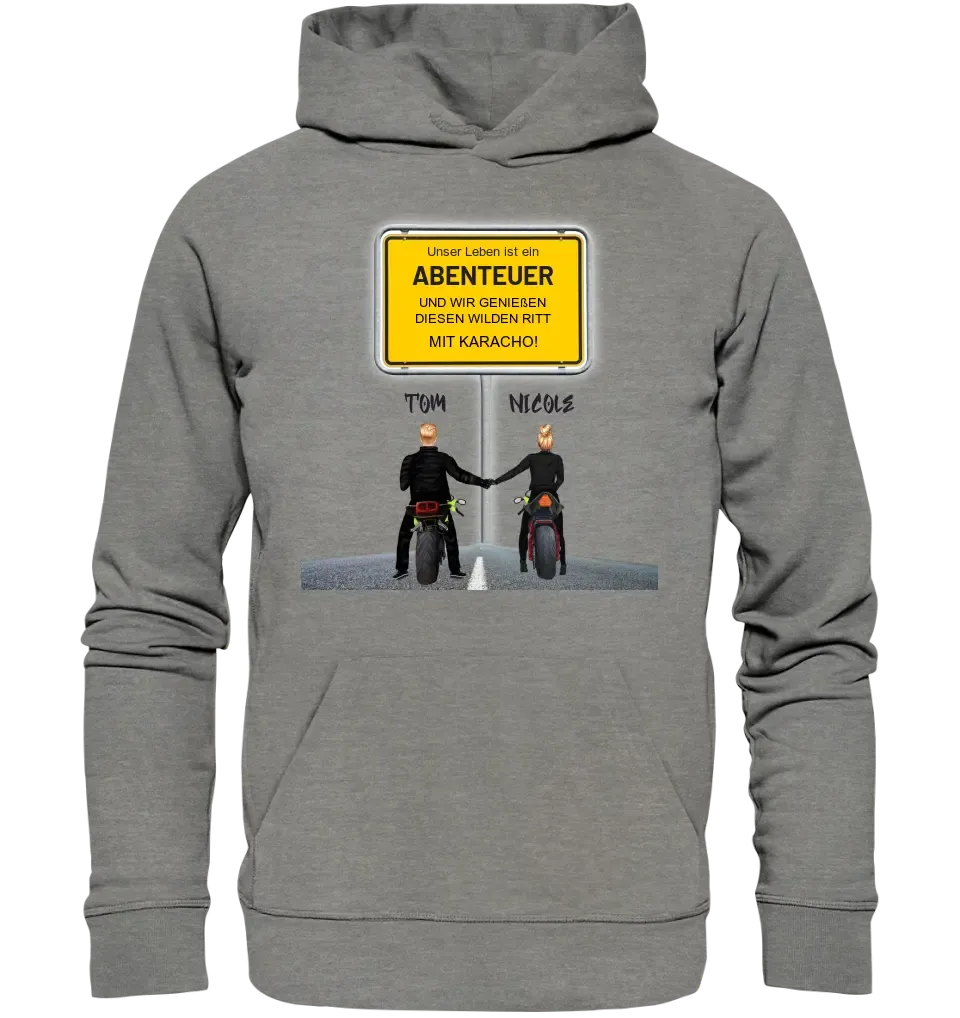 Place sign designer with motorcycle couple • Unisex premium hoodie XS-5XL made of organic cotton for women &amp; men