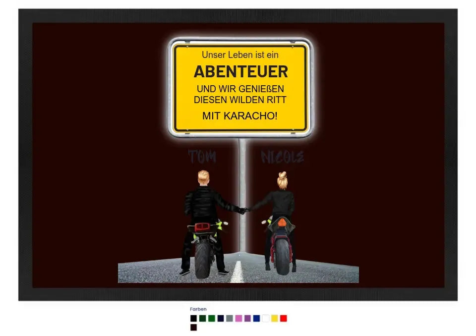 Ortsschild-Designer mit Motorrad-Couple • Fußmatte mit Gummirand 60x40 cm in 12 Farben