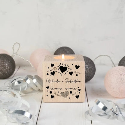 Your desired name(s) in LOVE DESIGN 1 - wooden cubes (tealight holder, candle, candlestick)