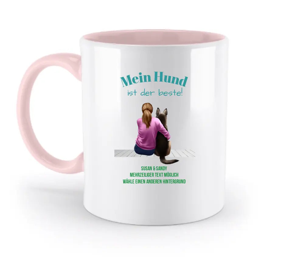 Woman with Retriever or German Shepherd, customizable: two-tone mug 330ml