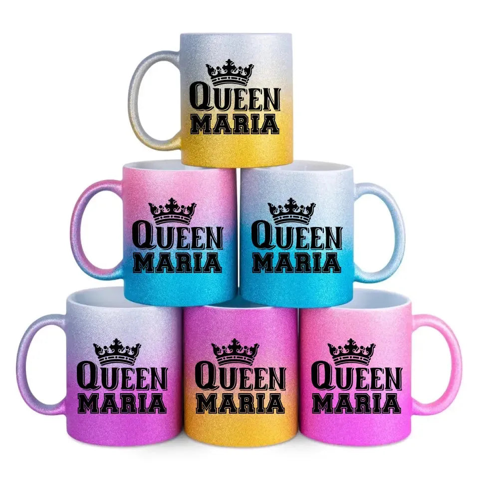 QUEEN + WUNSCHNAME • Glitzertasse mit Farbverlauf von HalloGeschenk.de