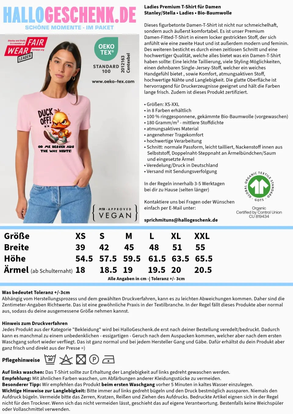 DUCK OFF • ENTE • Ladies Premium T-Shirt XS-2XL aus Bio-Baumwolle für Damen • Exklusivdesign • personalisiert