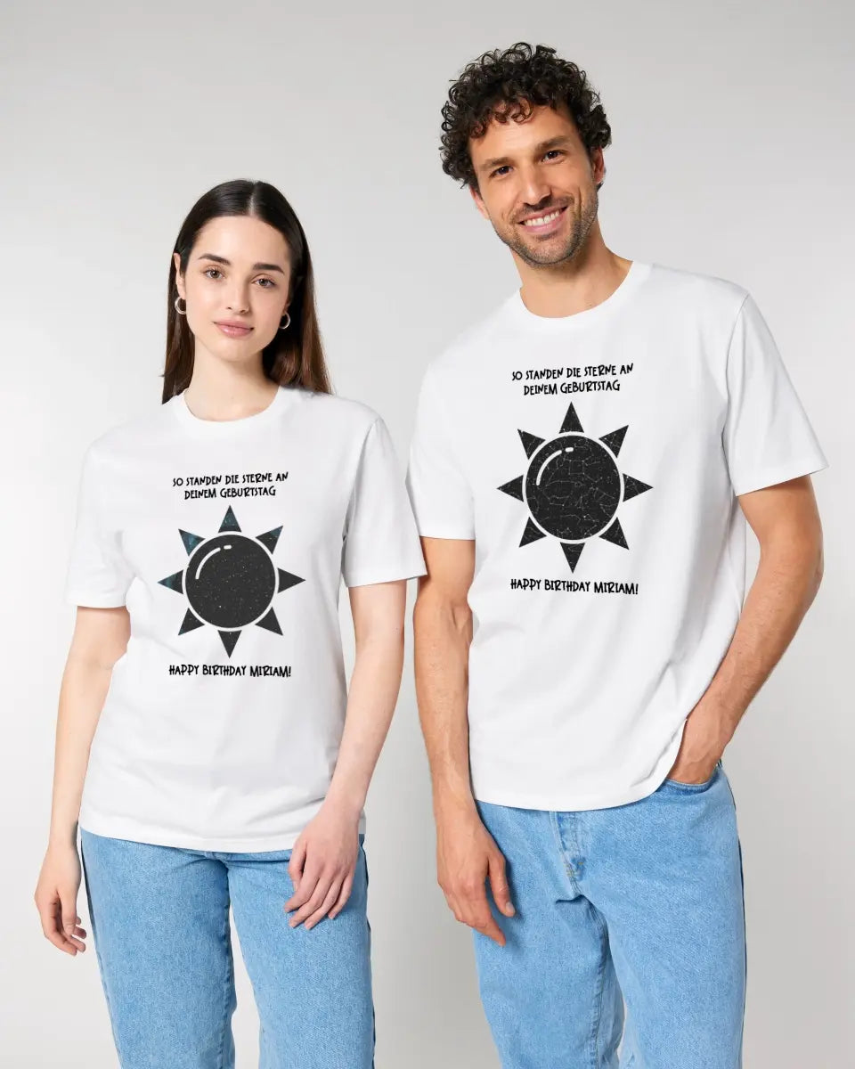 Echte Sternenkarte in Sonnenform mit Ort/Zeit und deinem Text • Unisex Premium T-Shirt XS-5XL aus Bio-Baumwolle für Damen & Herren • Exklusivdesign • personalisiert