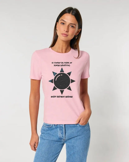 Echte Sternenkarte in Sonnenform mit Ort/Zeit und deinem Text • Ladies Premium T-Shirt XS-2XL aus Bio-Baumwolle für Damen • Exklusivdesign • personalisiert