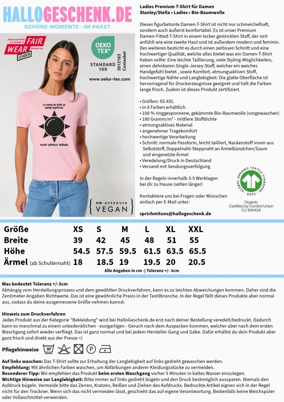 Echte Sternenkarte in Sonnenform mit Ort/Zeit und deinem Text • Ladies Premium T-Shirt XS-2XL aus Bio-Baumwolle für Damen • Exklusivdesign • personalisiert