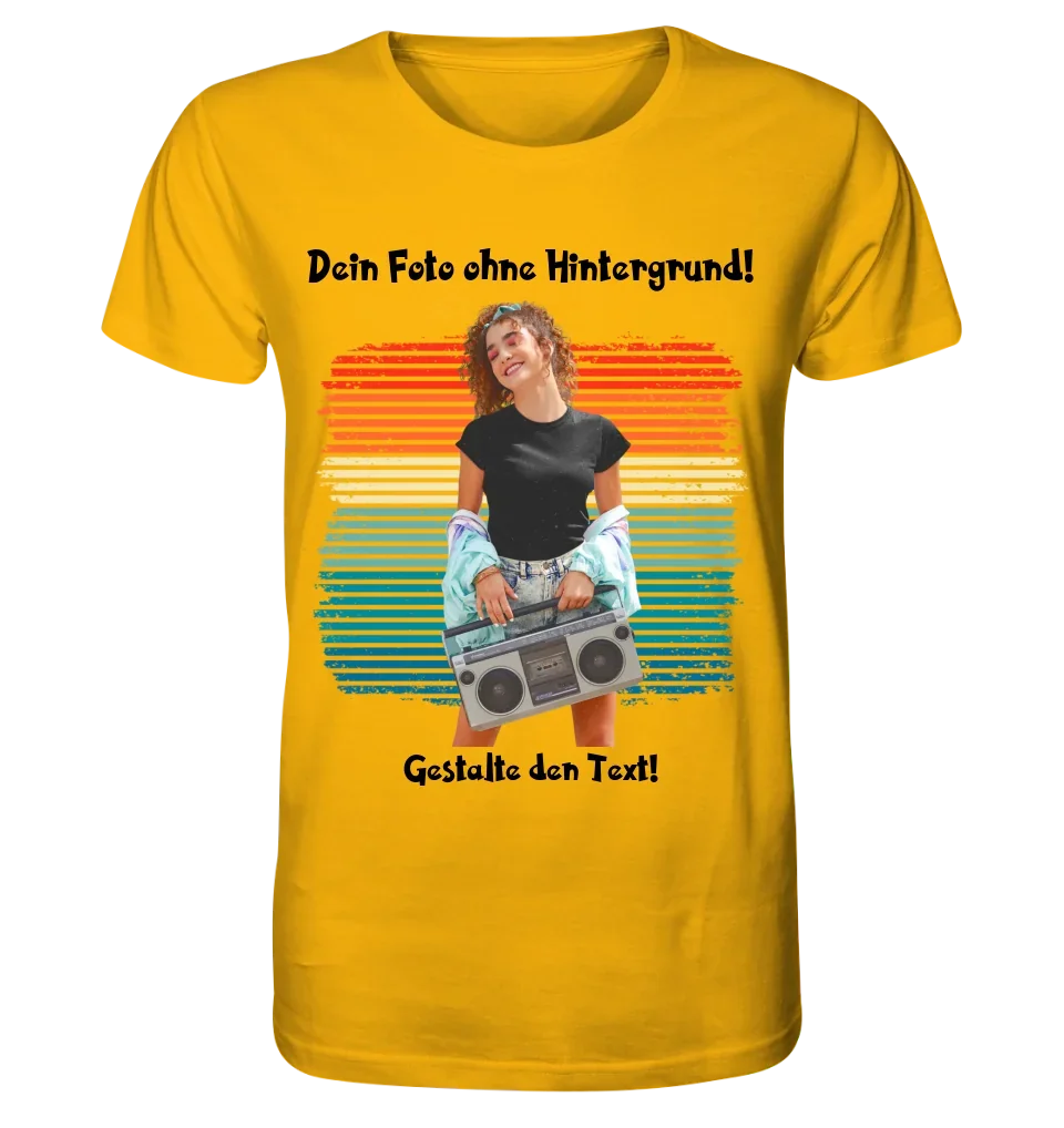 Dein FOTO mit Hintergrundentferner + Text + Hintergrund optional • Unisex Premium T-Shirt XS-5XL aus Bio-Baumwolle für Damen & Herren • Exklusivdesign • personalisiert • KI-MAGIC-CUT