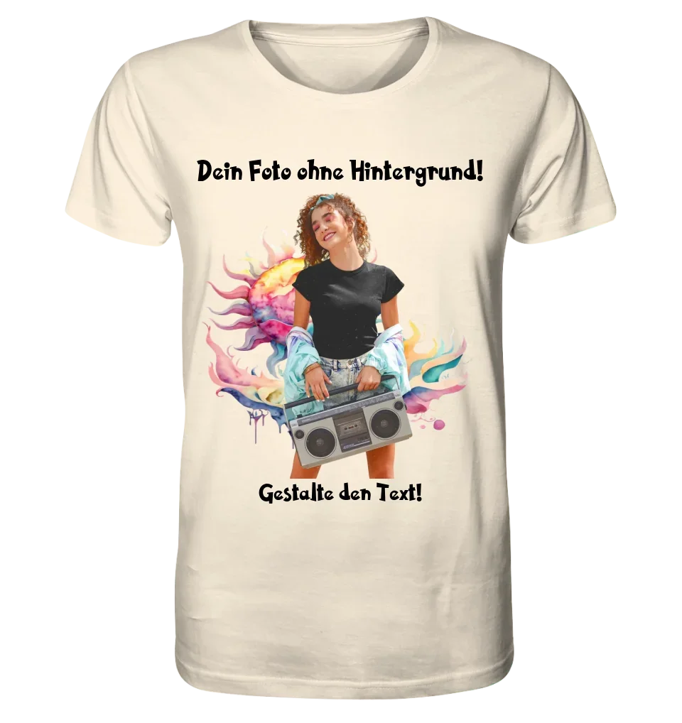 Dein FOTO mit Hintergrundentferner + Text + Hintergrund optional • Unisex Premium T-Shirt XS-5XL aus Bio-Baumwolle für Damen & Herren • Exklusivdesign • personalisiert • KI-MAGIC-CUT