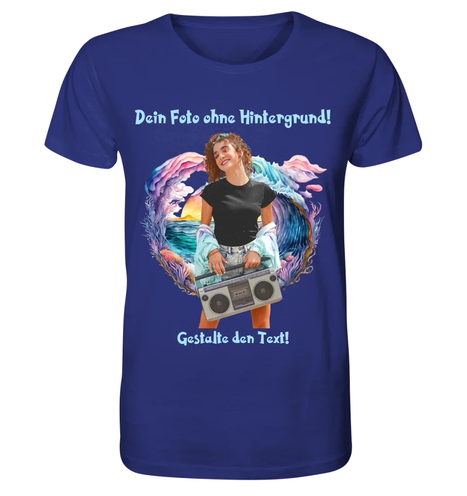 Dein FOTO mit Hintergrundentferner + Text + Hintergrund optional • Unisex Premium T-Shirt XS-5XL aus Bio-Baumwolle für Damen & Herren • Exklusivdesign • personalisiert • KI-MAGIC-CUT