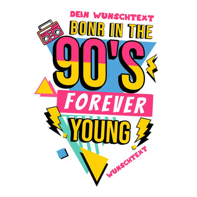 Leuchtendes 90er jahre design mit pinker, gelber und blauer typografie und einem retro boombox illustration