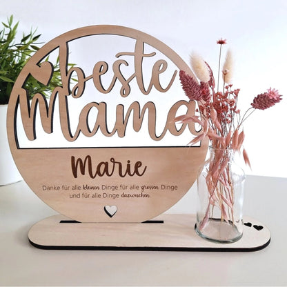 5 verschiedene Designs zur Auswahl: Beste Mama Holzdeko mit Trockenblume und Vase • personalisierbar