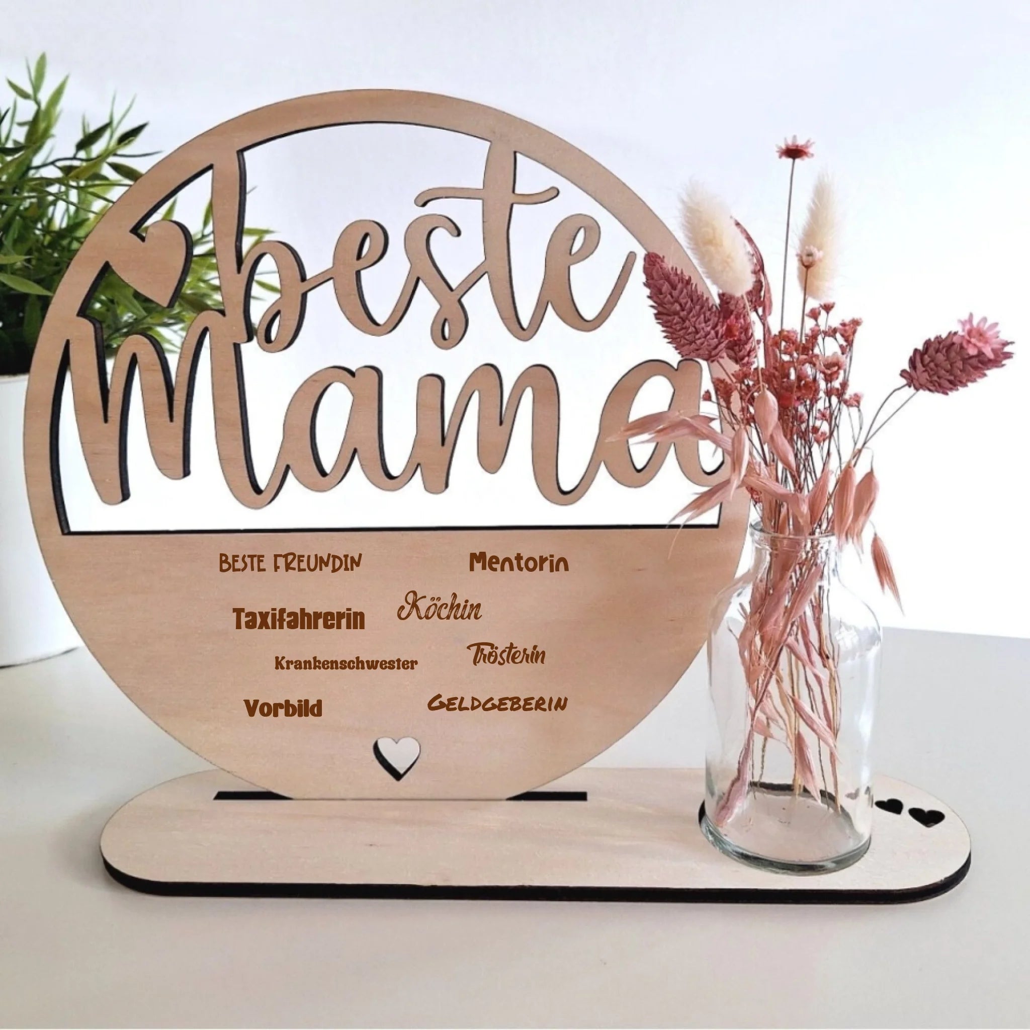 5 verschiedene Designs zur Auswahl: Beste Mama Holzdeko mit Trockenblume und Vase • personalisierbar