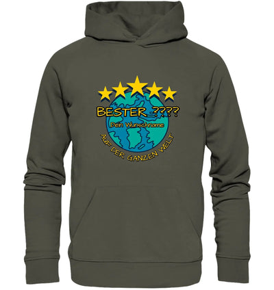 Olivegrüner kapuzenpullover mit buntem globusmotiv und fünf gelben sternen mit deutschem text personalisiert