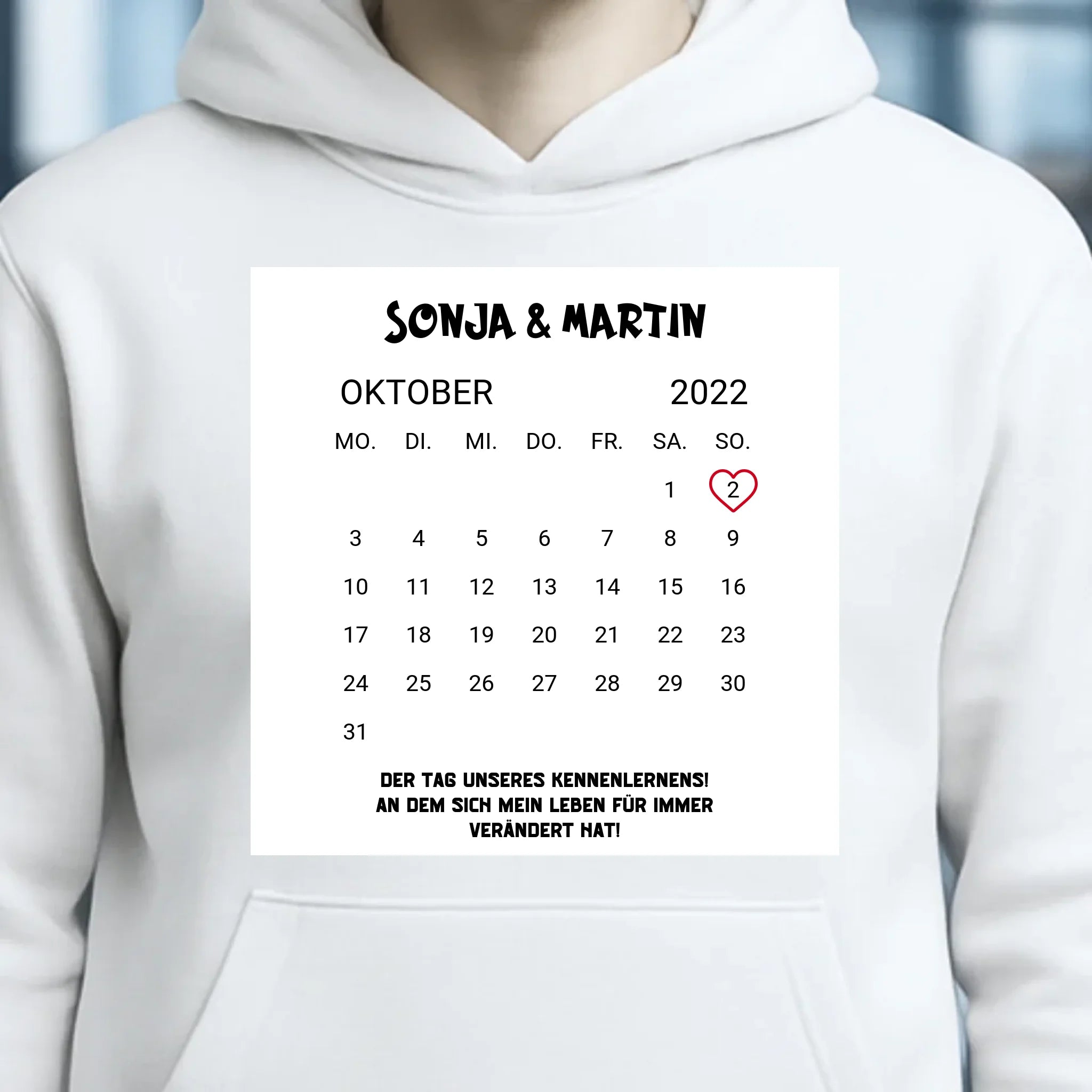 KALENDER-MOTIV mit Datum & Wunschtext • Unisex Hoodie für Damen & Herren • Bio • personalisiert
