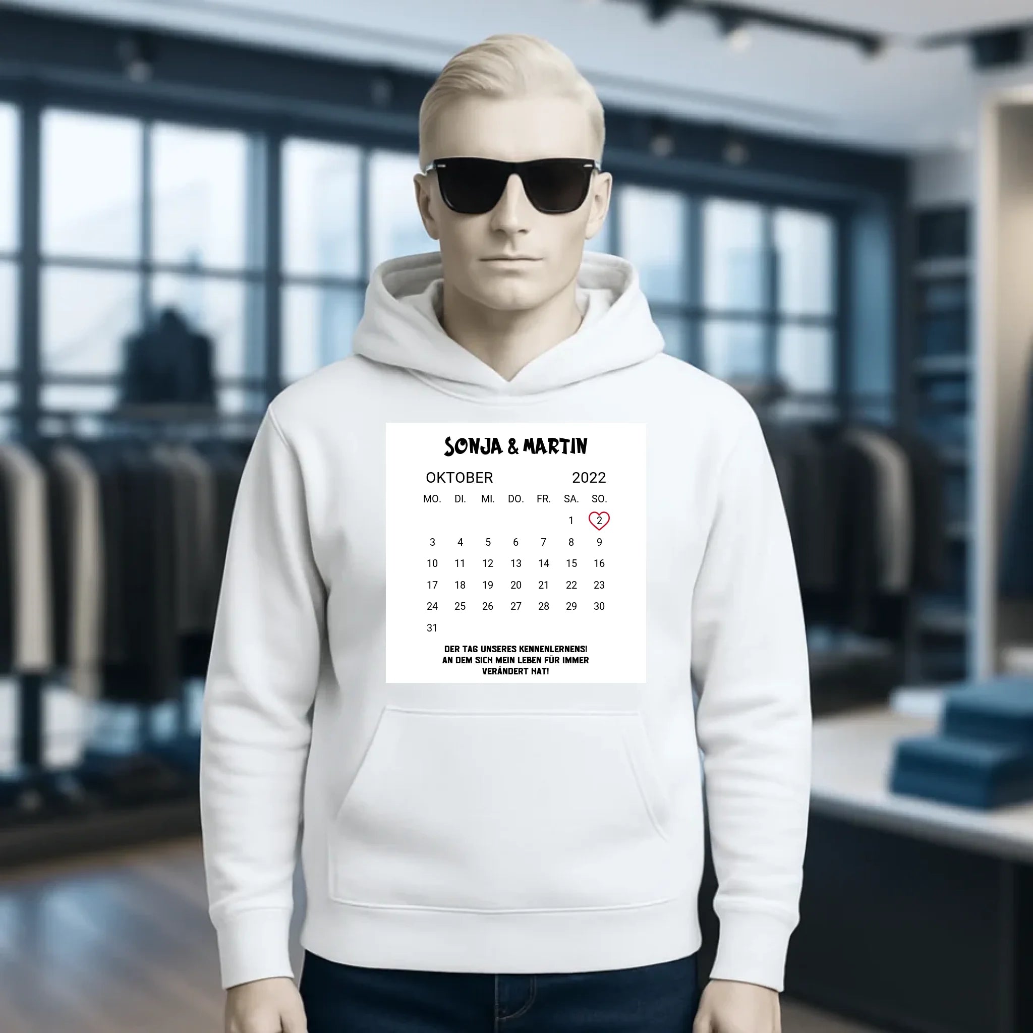 KALENDER-MOTIV mit Datum & Wunschtext • Unisex Hoodie für Damen & Herren • Bio • personalisiert