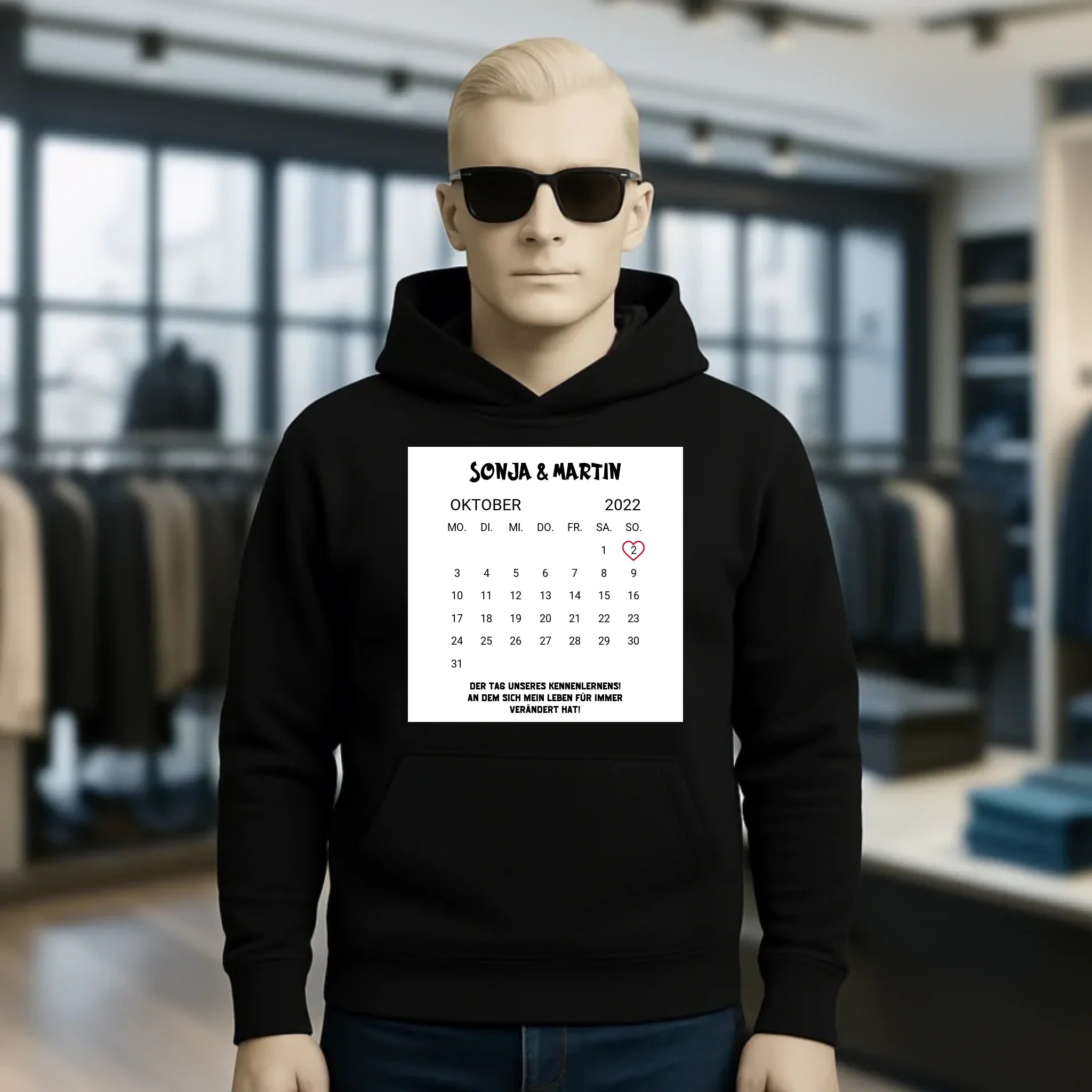 KALENDER-MOTIV mit Datum & Wunschtext • Unisex Hoodie für Damen & Herren • Bio • personalisiert