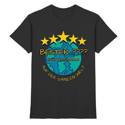 Schwarzes t-shirt mit teurem globus design, fünf gelben sternen und goldener deutscher schrift aus der statement-collection