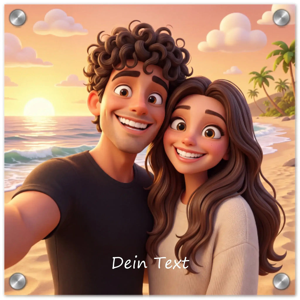 Cartoon-paar macht selfie am strand bei sonnenuntergang auf acrylbild 20 bis 50 cm quadratisch personalisiert