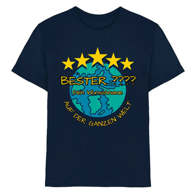 Navyblaues t shirt mit 5 gelben sternen und Petrolfarben globus motiv sowie goldfarbenem text bester und dein wunschname