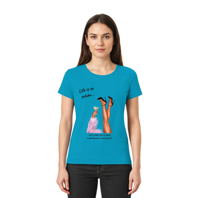 Petrolfarben damen kurzarmshirt mit grafik von beinen in high heels und cocktail text life is so schön aus der statement collection