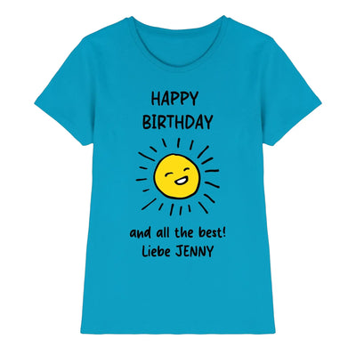 Geburtstag motiv 1 t-shirt in türkis mit gelber sonne und dem Text happy birthday und all best liebe jenny