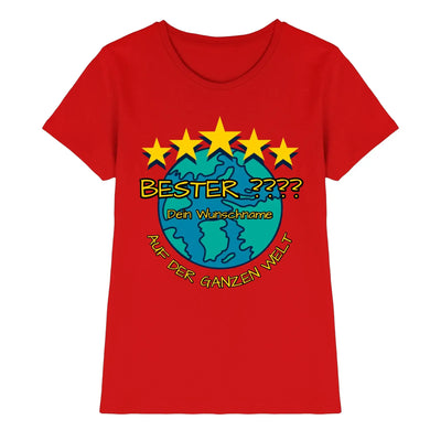Rotes damen t-shirt mit 5 sterne motiv und globe grafik bester dein wunschname auf der ganzen welt in gelb