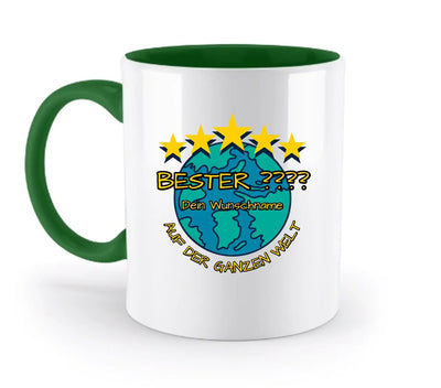 Weiße keramik Tasse mit grünem griff und innenraum, buntem Globusmotiv, gelben Sternen und deutschem text personalisiert